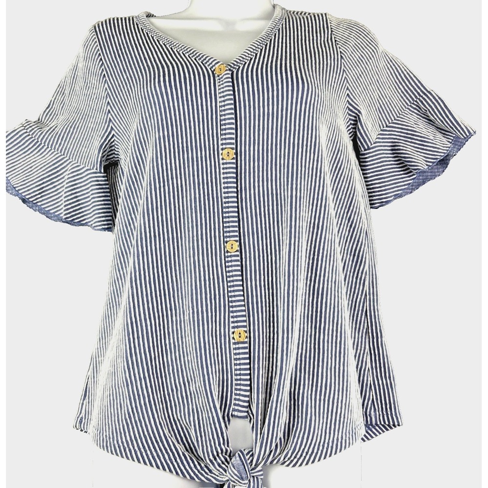 Gyft S Blue White Striped Blouse‎ Flutter Sleeve Tie Front Preppy Cruise Casual